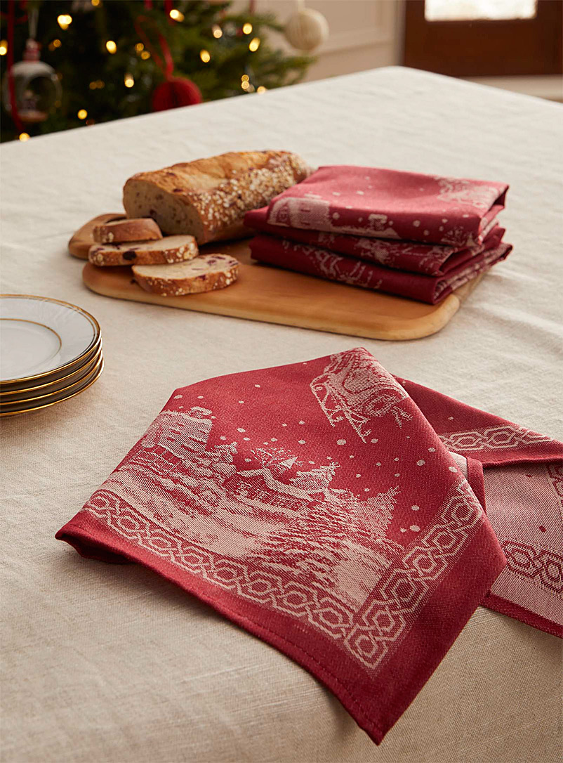 Simons Maison: Les serviettes de table jacquard village de Noël Ensemble de 4 Rouge à motifs