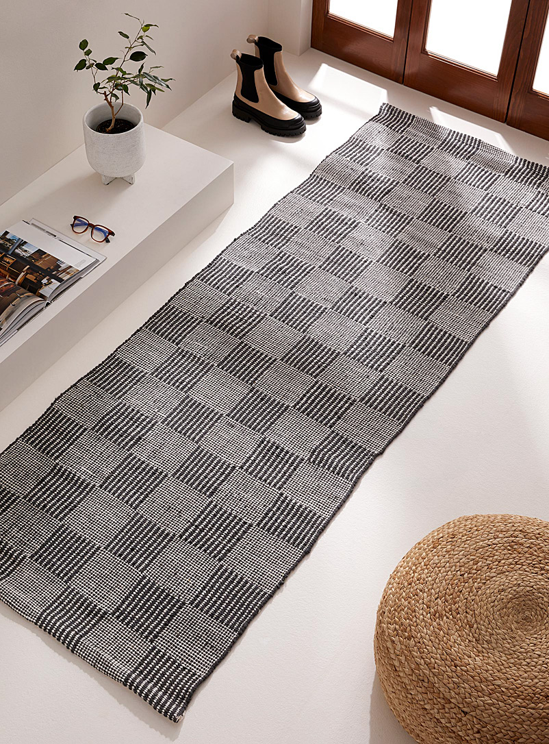 Simons Maison Patterned Ecru Textured checkerboard wool hallway rug 75 x 215 cm