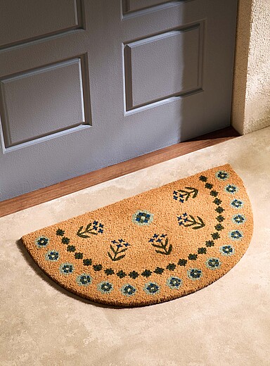 Simons Maison: Le paillasson demi-cercle fleurs bleues 40 x 70 cm Brun &agrave; motifs
