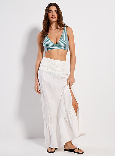 Smocked-waist pure linen skirt