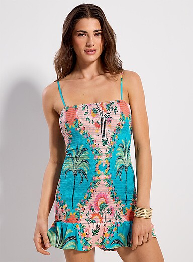 Palm tree print smocked minidress