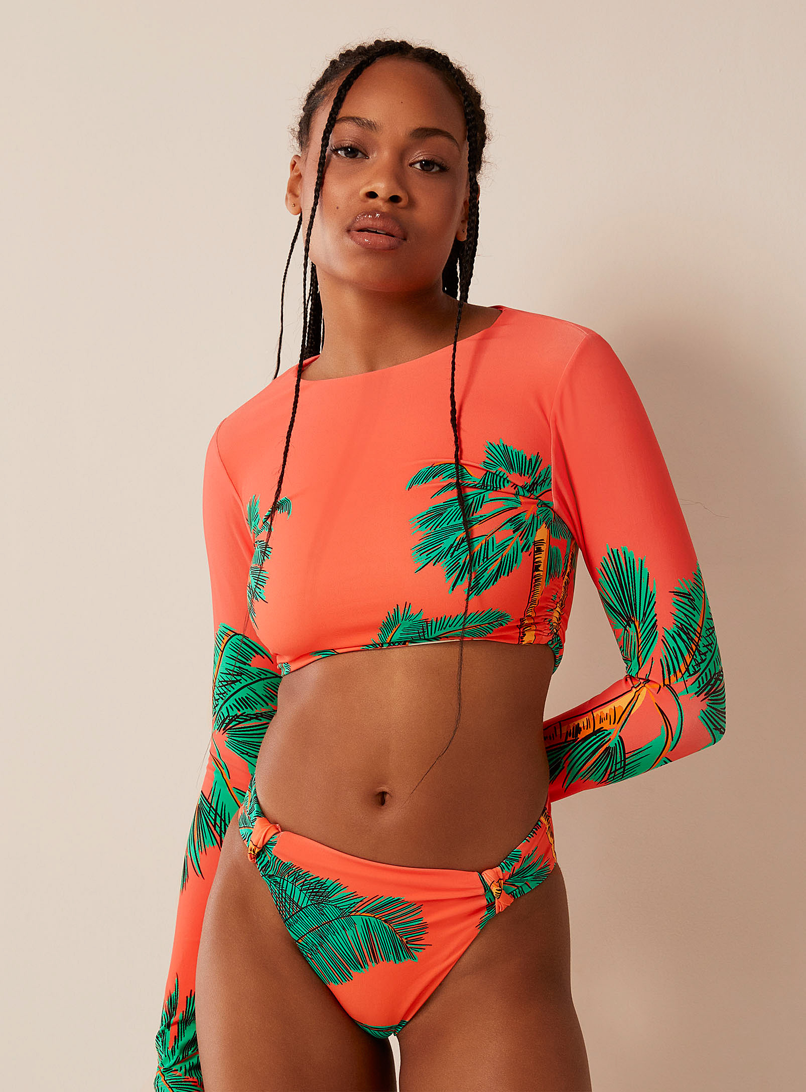 Maaji Coral Look Knotted Accent Cheeky Bottom Reversible Design In Patterned Orange
