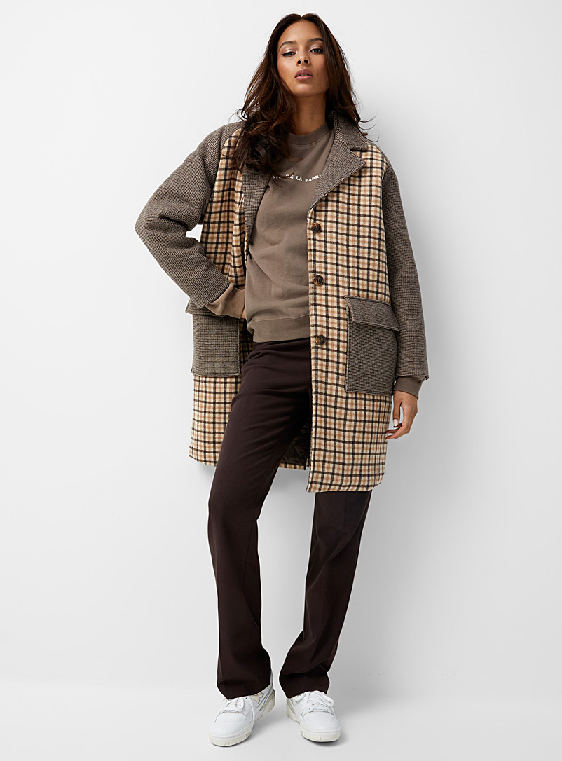 Minimum Patterned Brown Contrasting checkers wool quilted jacket for women