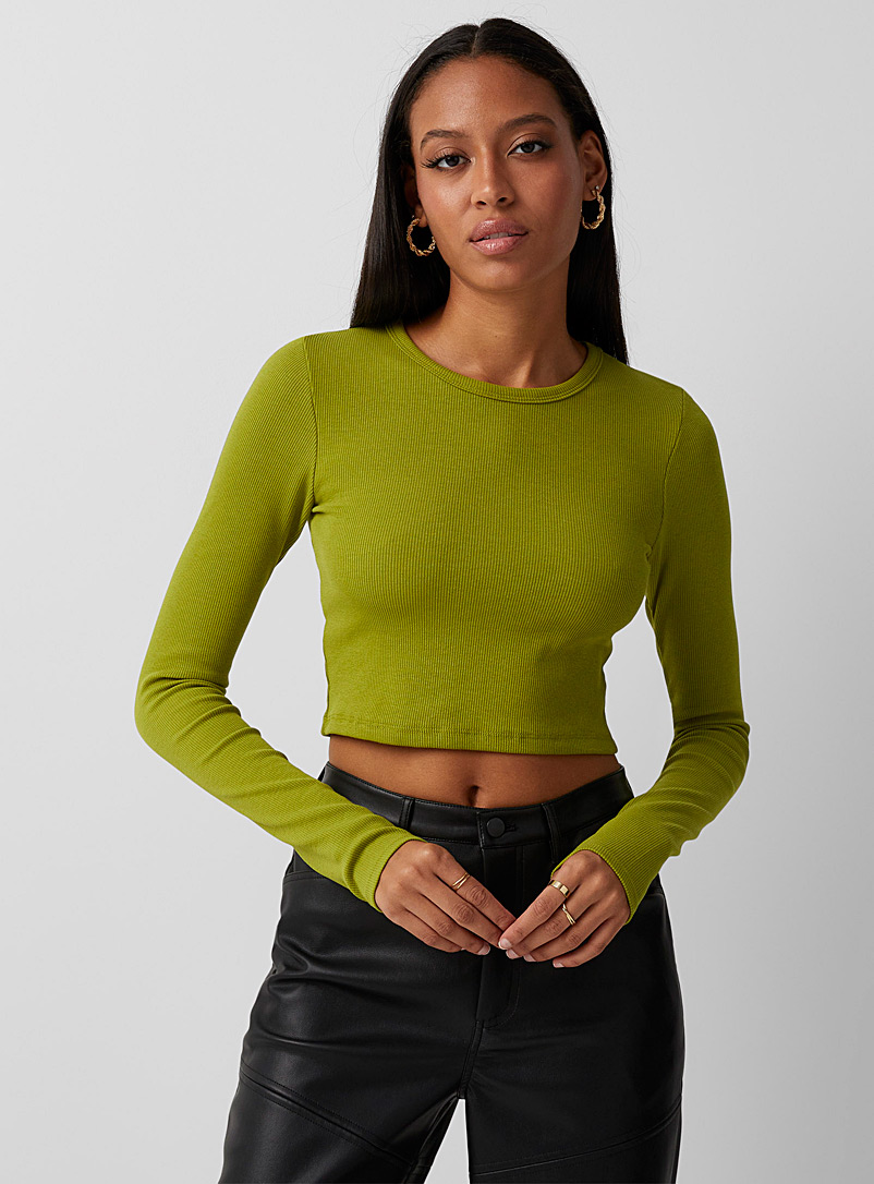 JJXX Lime green Long-sleeve ribbed cropped T-shirt for women
