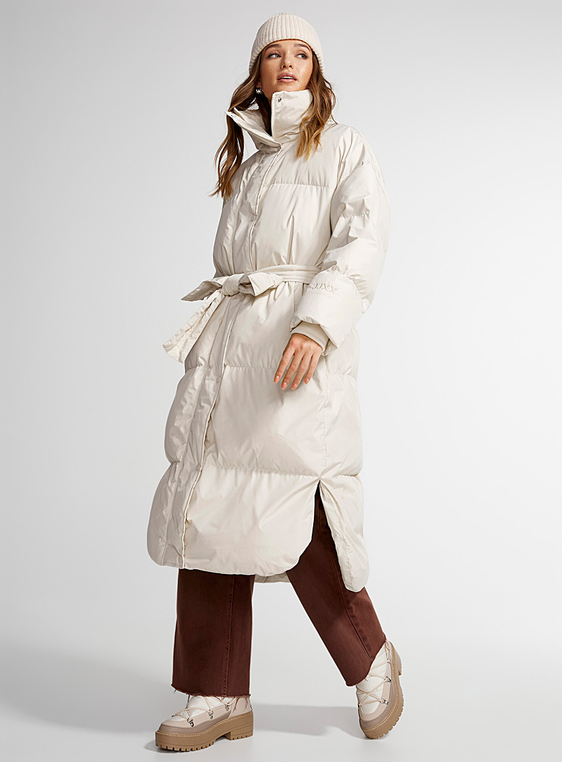 JJXX Ivory White Stand collar long belted puffer jacket for women