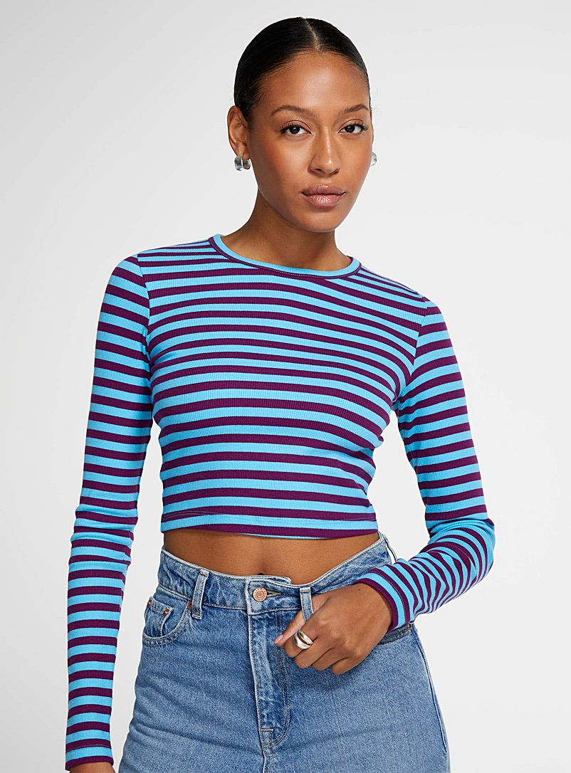 JJXX Patterned Blue Long-sleeve striped cropped T-shirt for women