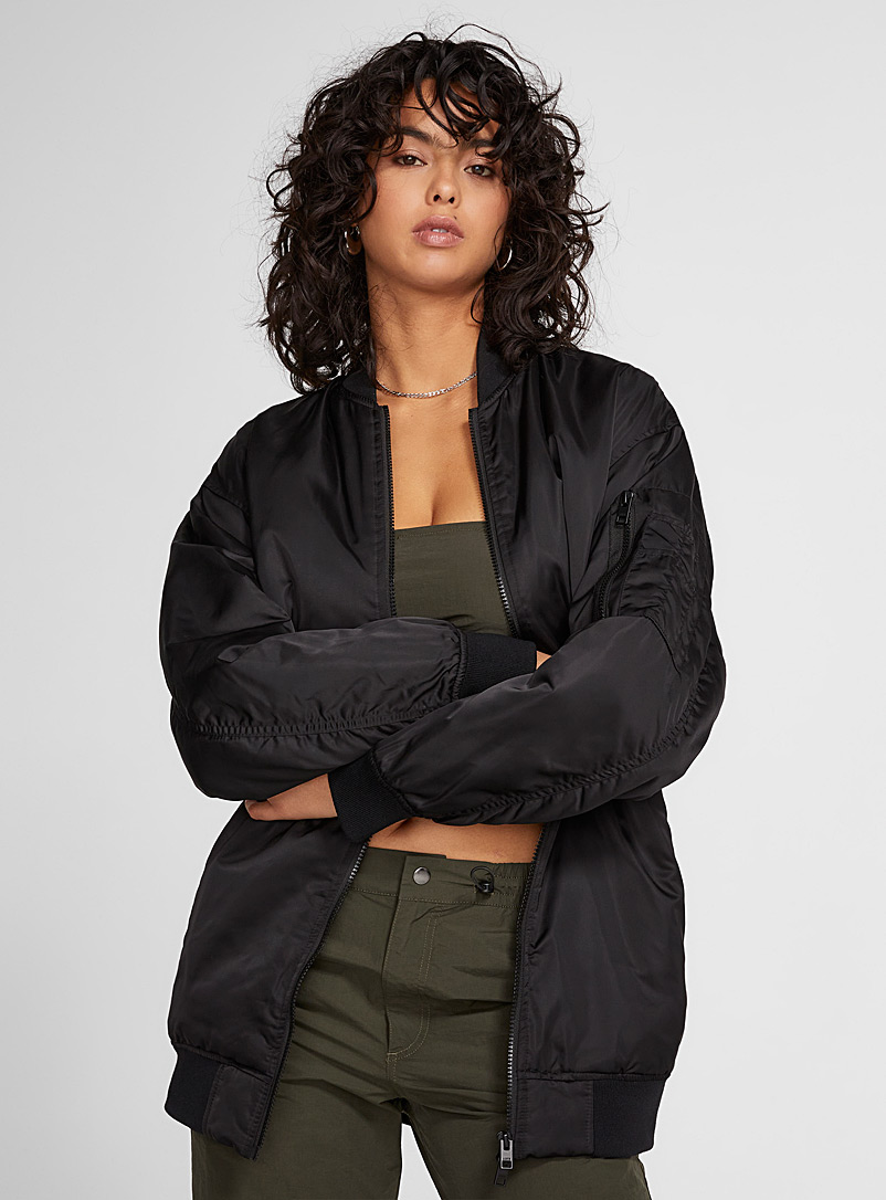 JJXX Black Hailey ruched back long bomber jacket for women
