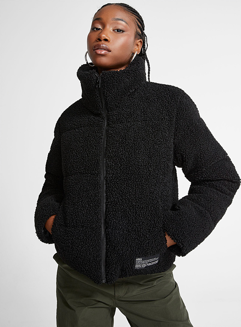 JJXX Black Isa sherpa fleece cropped puffer jacket for women