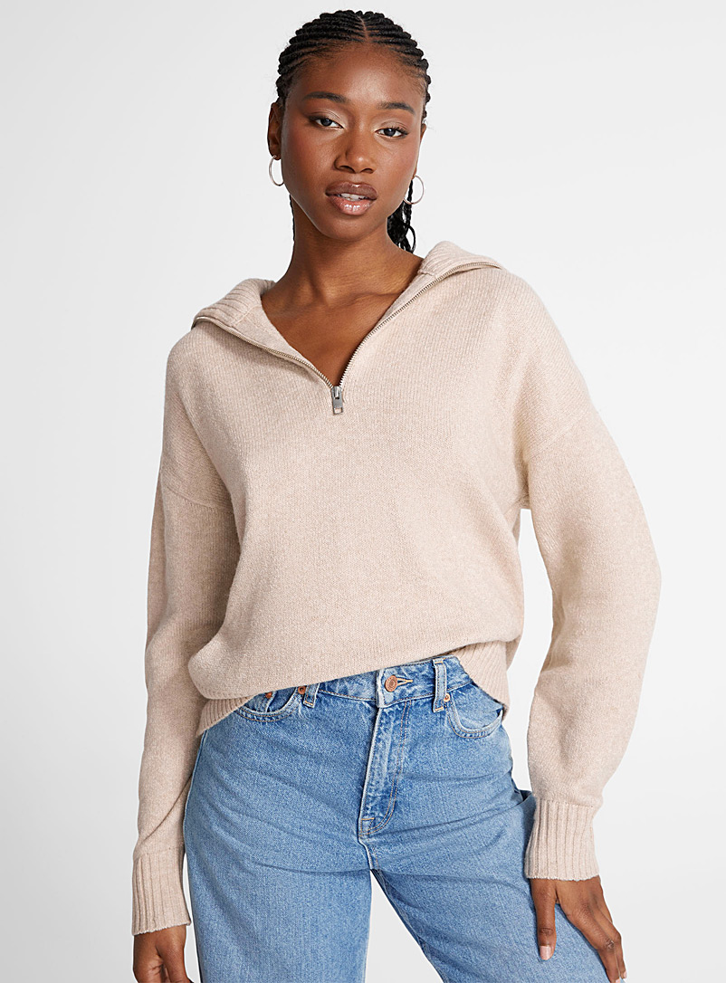 JJXX Ivory white Zipped lapel-collar sweater for women
