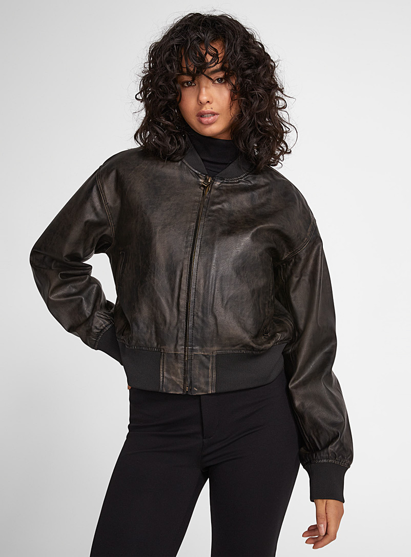 JJXX Black Hailey worn faux-leather bomber jacket for women