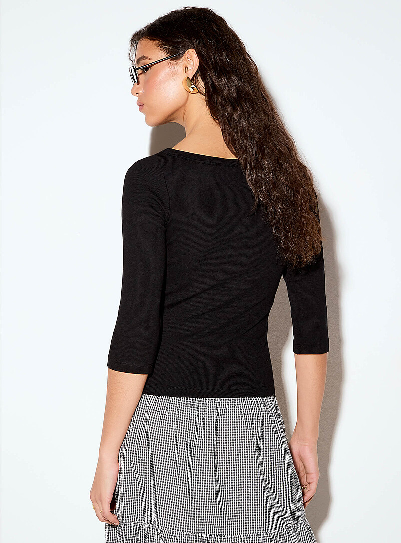 JJXX: Le t-shirt col bateau tricot fines c&ocirc;tes Fifi Noir pour femme