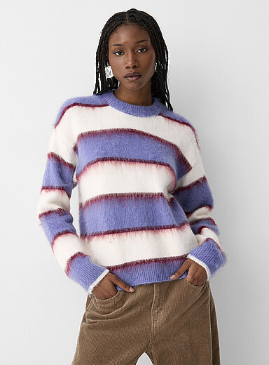 JJXX: Le chandail rayures bross&eacute;es tricot filamenteux Calista Blanc &agrave; motifs pour femme