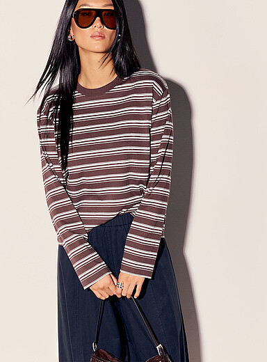 JJXX: Le t-shirt carr&eacute; &agrave; rayures manches longues Brun &agrave; motifs pour femme
