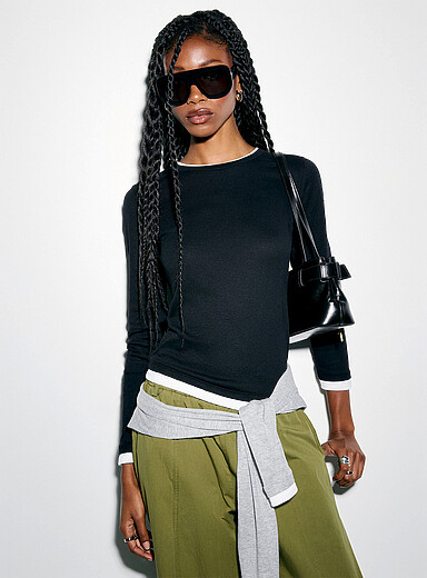 JJXX: Le t-shirt manches longues effet superpos&eacute; Noir pour femme