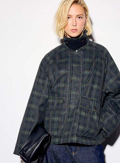 Corduroy collar checkered coat