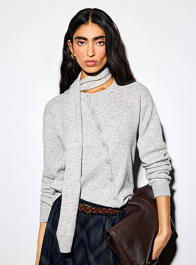 JJXX Grey Asymmetric button cardigan with matching scarf for women