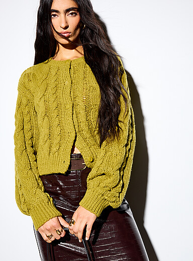 JJXX: Le cardigan moelleux c&acirc;bles torsad&eacute;s Chartreuse pour femme