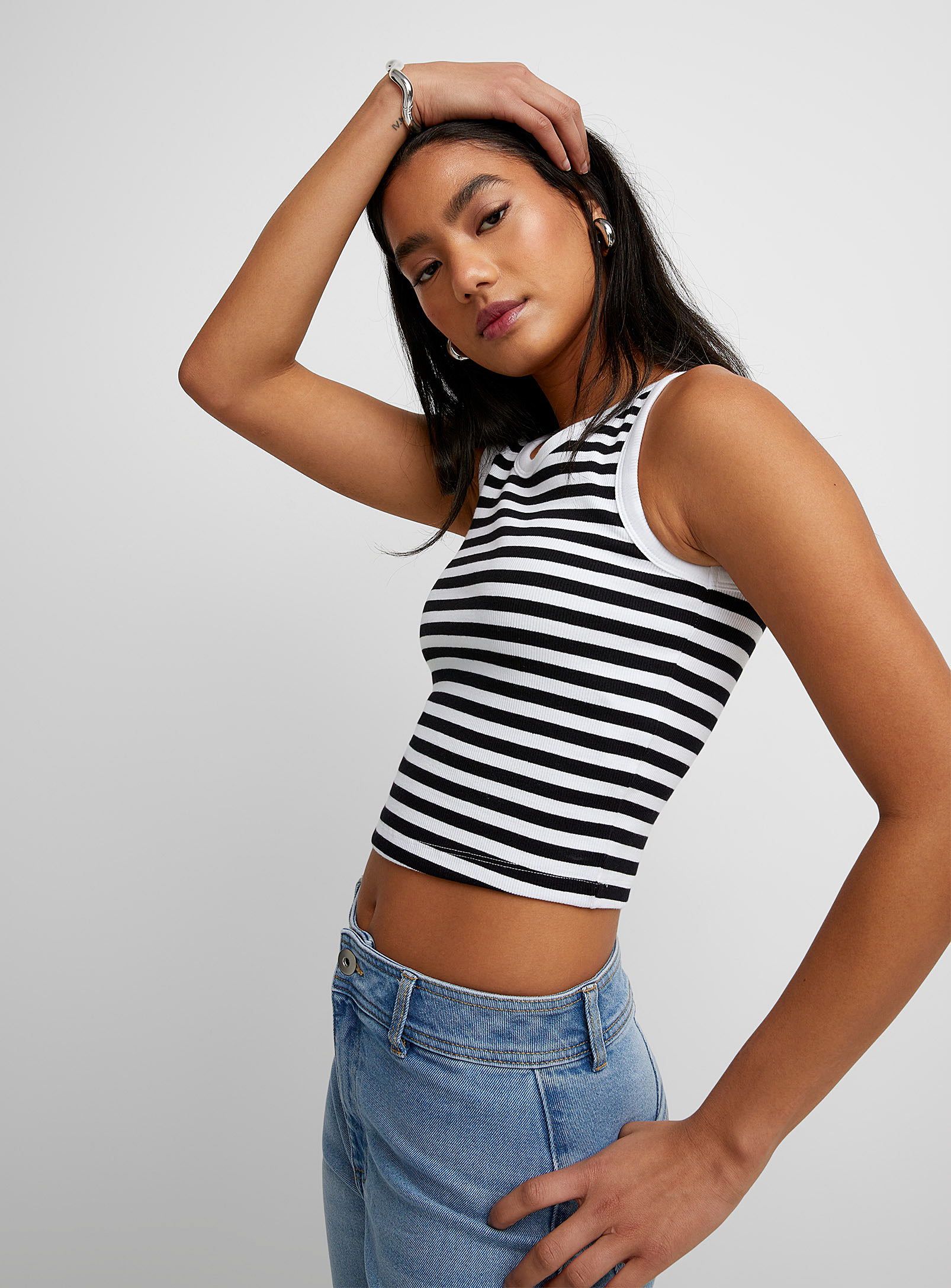 Jjxx Striped Ribbed Cropped Cami In Patterned White