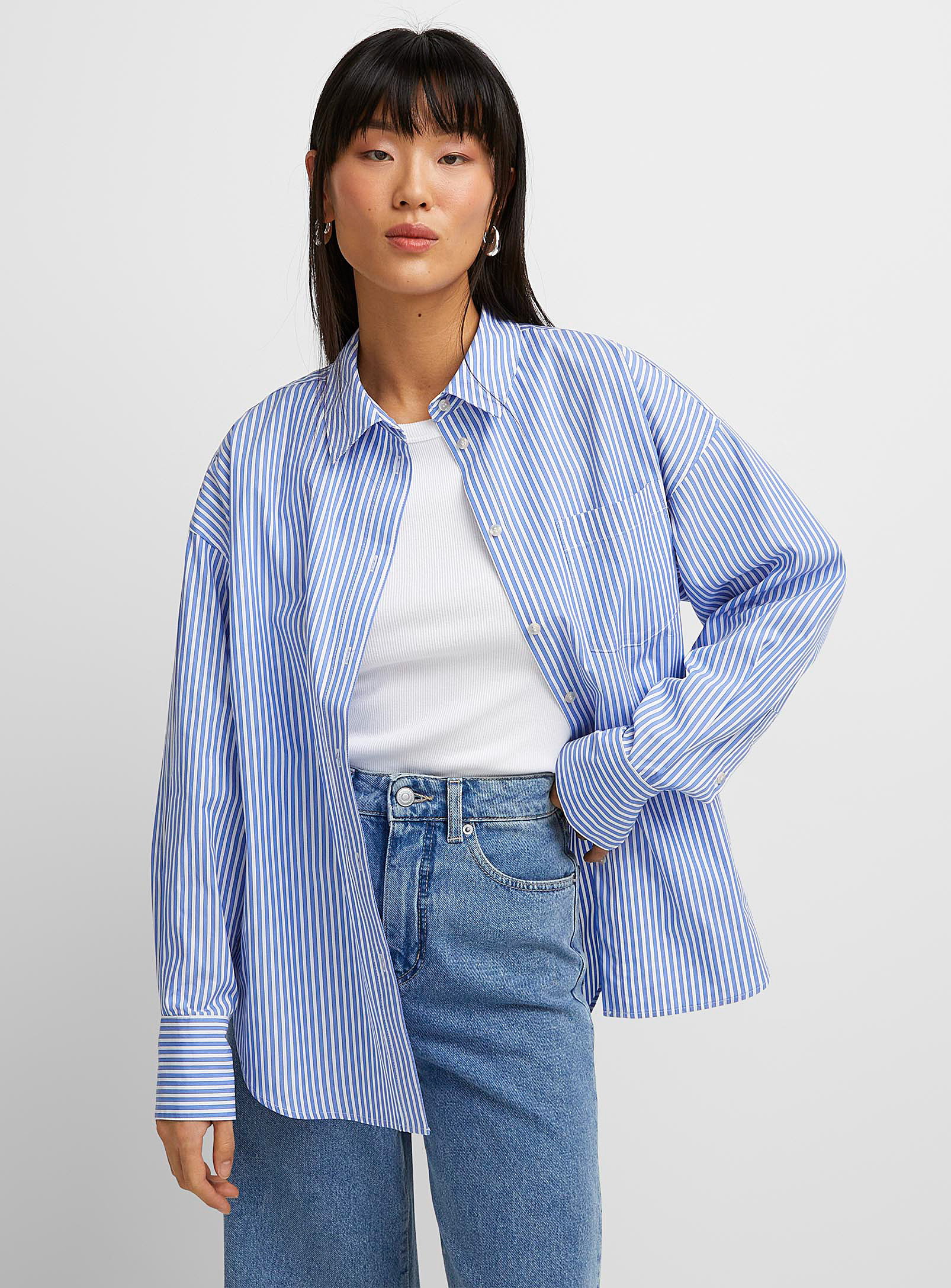 Jjxx Organic Cotton Pinstripes Loose Shirt In Patterned Blue