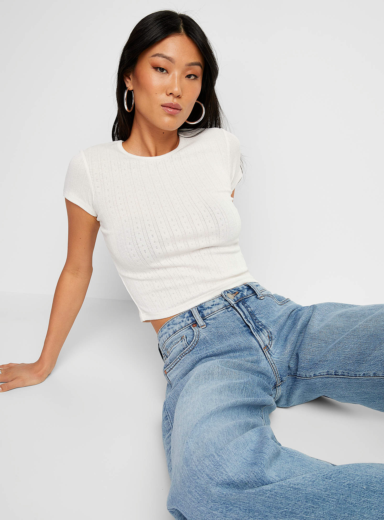 Jjxx Pointelle Knit Fitted Cropped T-shirt In White