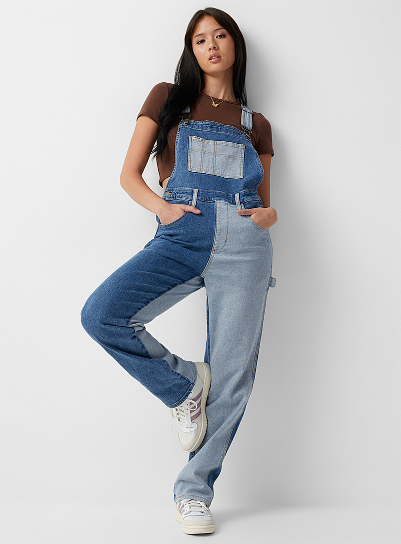 Guess Baby Blue Two-tone denim overalls for women