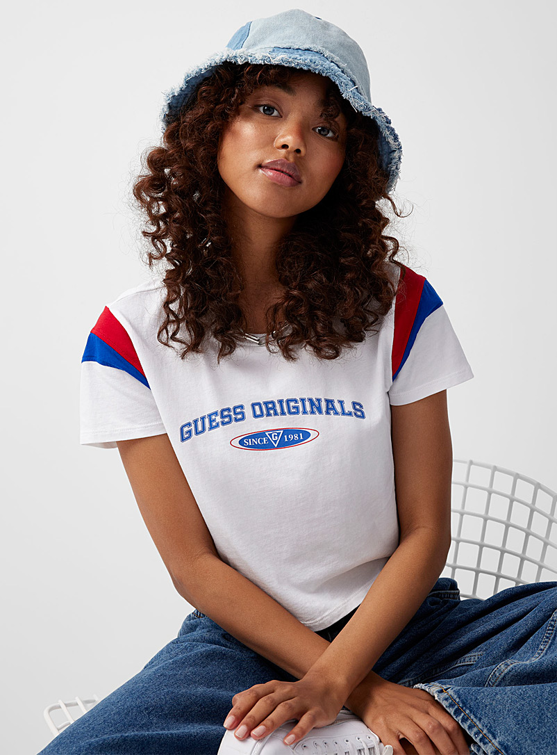 Guess White Car racing cropped tee for women