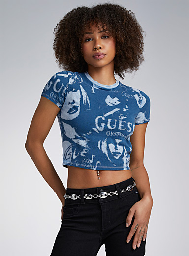 Guess Patterned Blue Pixelized feminine profiles T-shirt for women