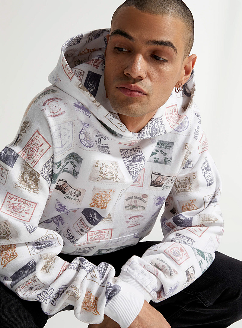 Guess Patterned White Souvenir stamp hoodie for men