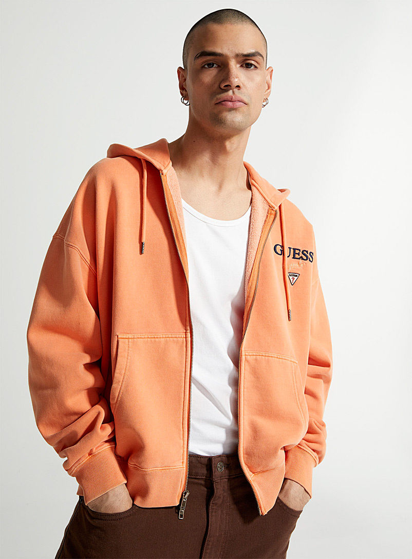 Guess Orange Embroidered logo zip hoodie for men