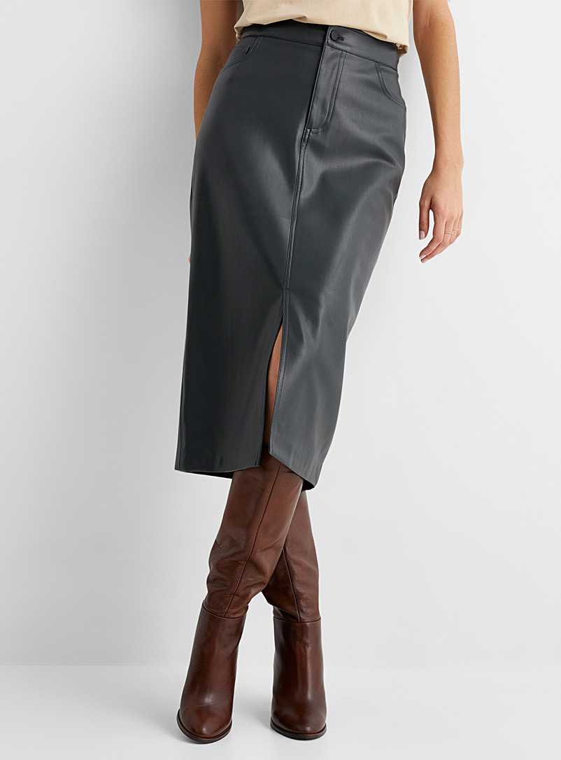 Contemporaine Khaki Fitted faux-leather midi skirt for women