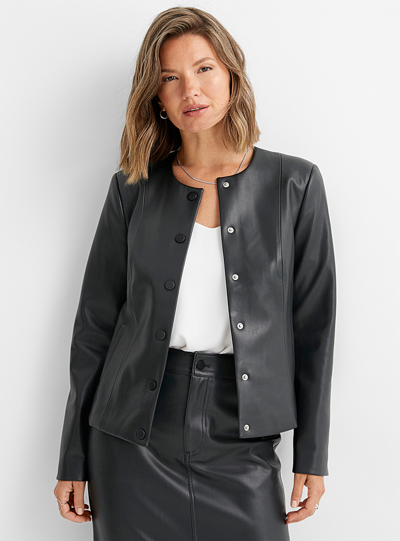 Contemporaine Khaki Crew-neck faux-leather jacket for women