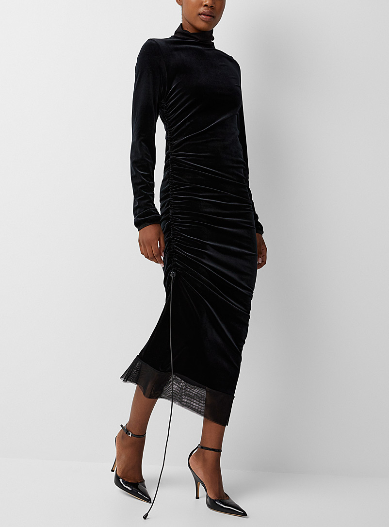Denis Gagnon Black Asymmetrical drawstring velvet dress for women