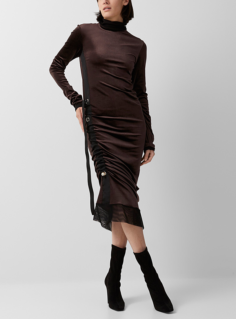 Denis Gagnon Light Brown Appliqué ribbon velvet dress for women