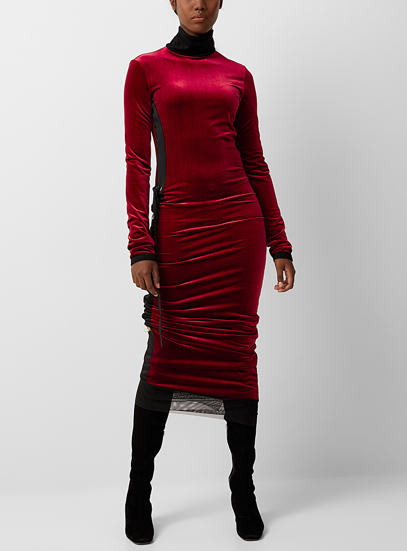 Denis Gagnon Ruby Red Appliqué ribbon velvet dress for women