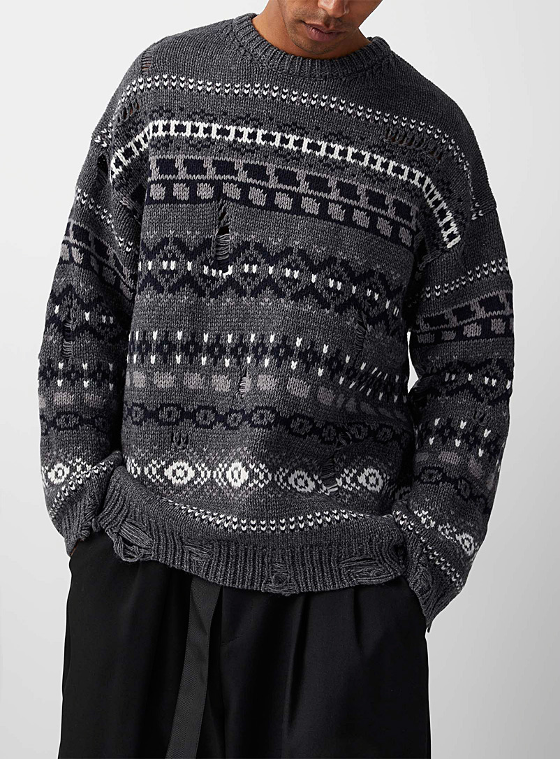 Juun.J Grey Fair Isle distressed sweater for men