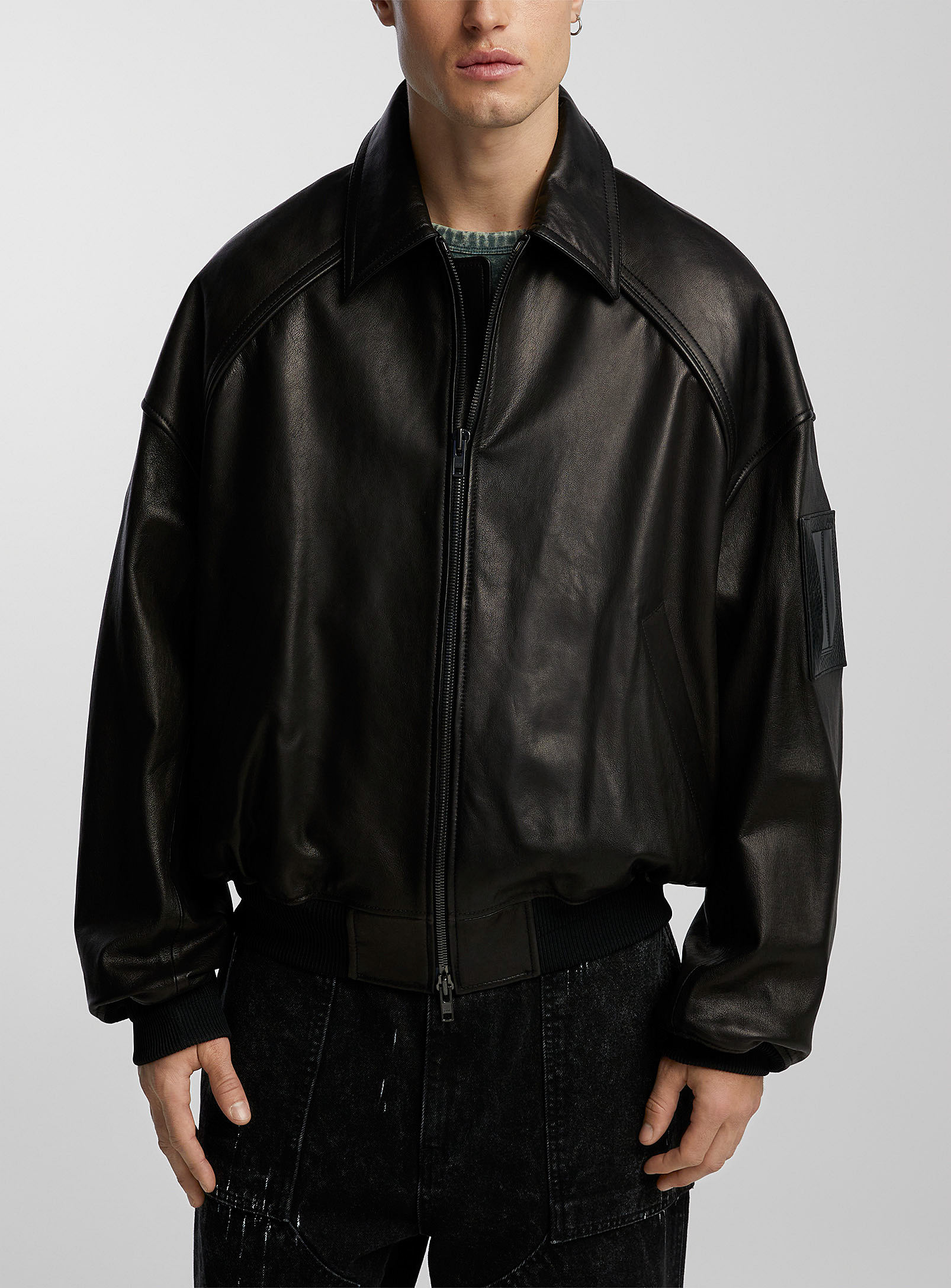 Juun.J - Men's Ribbed edging leather jacket