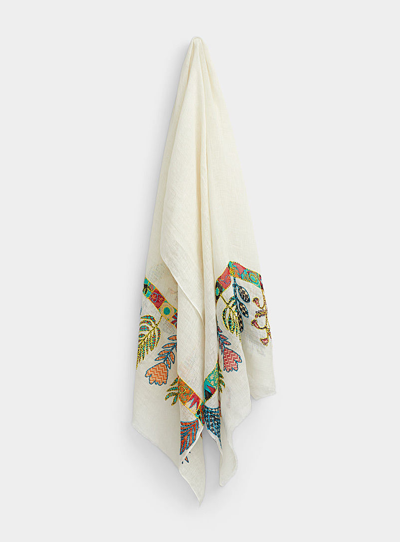 Storiatipic White Floral edging pure linen scarf for women