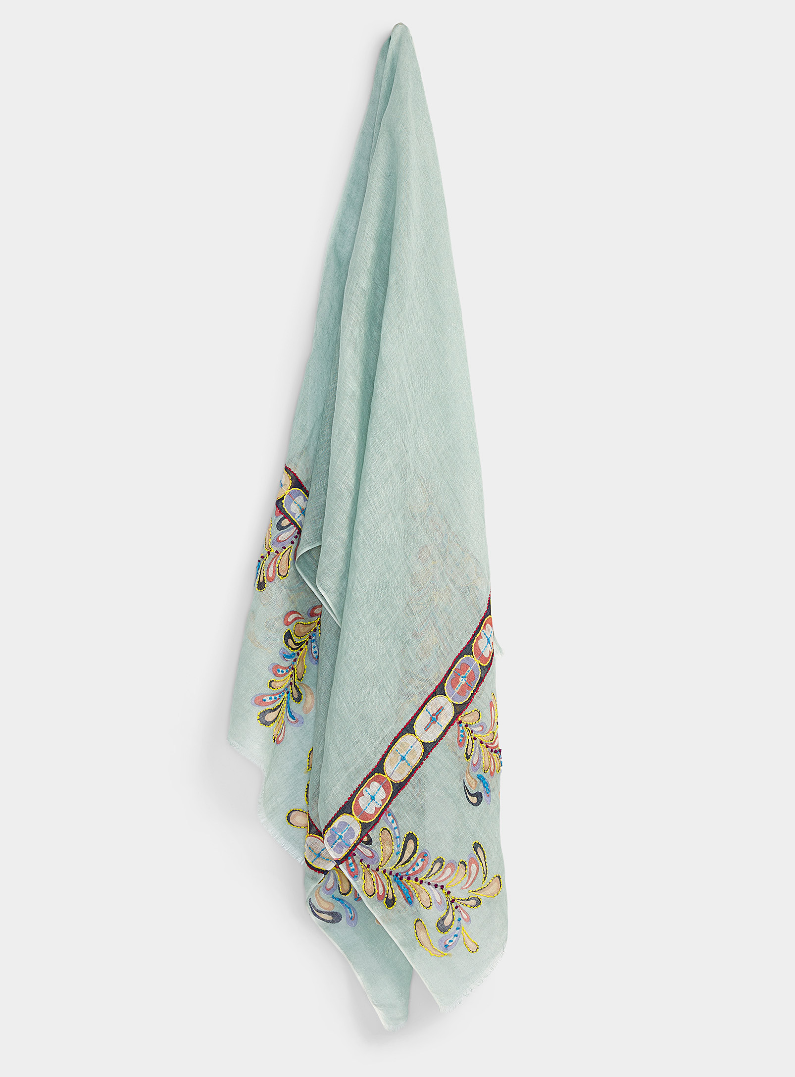 Storiatipic Whimsical Edging Lightweight Linen Scarf In Baby Blue