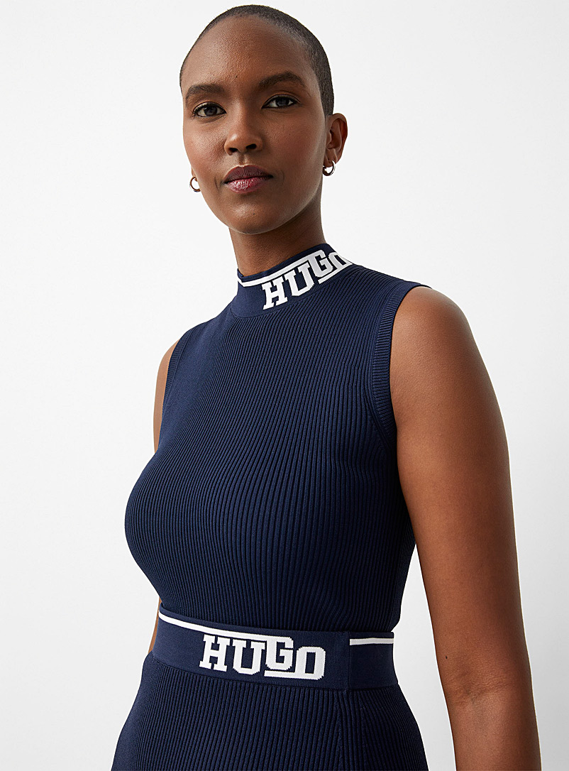 HUGO Marine Blue Logo-collar knit camisole for women