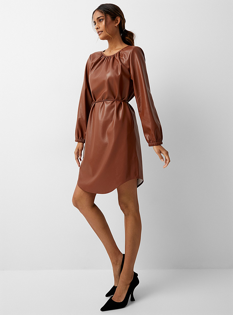 BOSS Copper Belt-tie caramel leather-effect dress for women