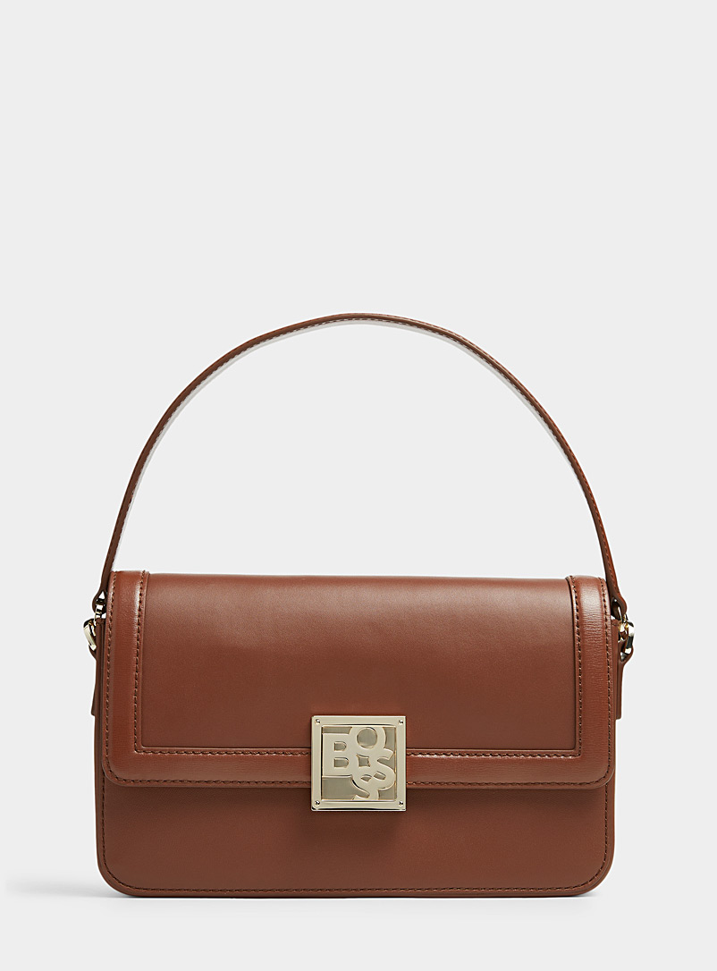 BOSS Brown Blanca topstitched leather flap bag for women
