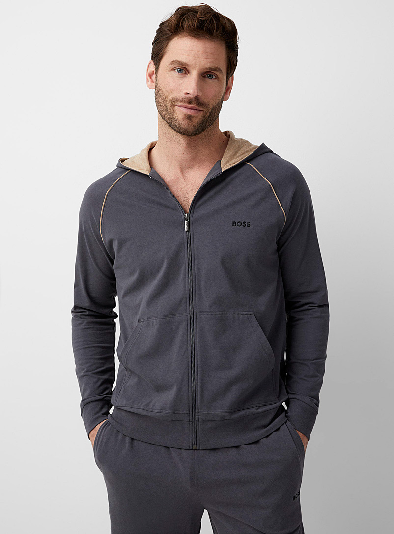 BOSS Patterned Black Natural-trim zip lounge sweatshirt for men