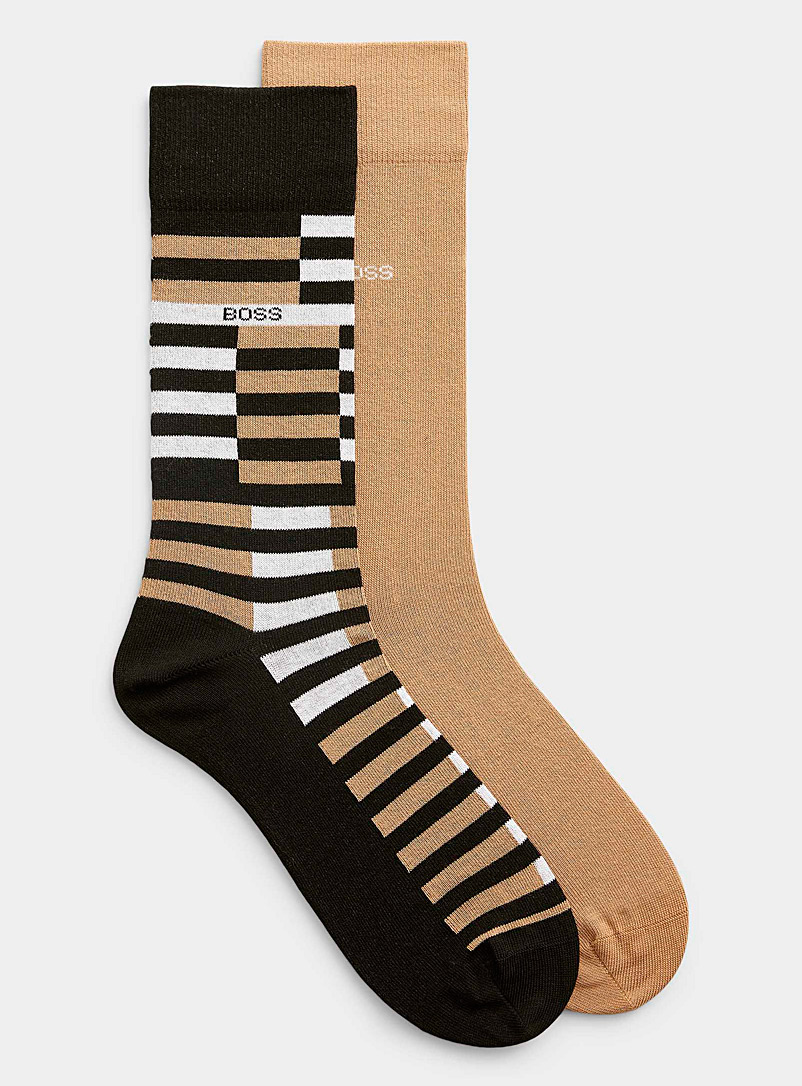 BOSS Patterned Brown Graphic stripe dress socks Set of 2 for men