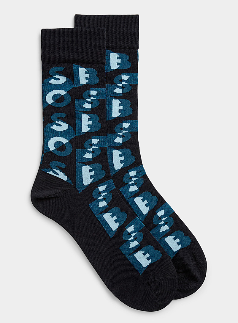 BOSS Patterned Blue Blue-hued logo dress socks for men