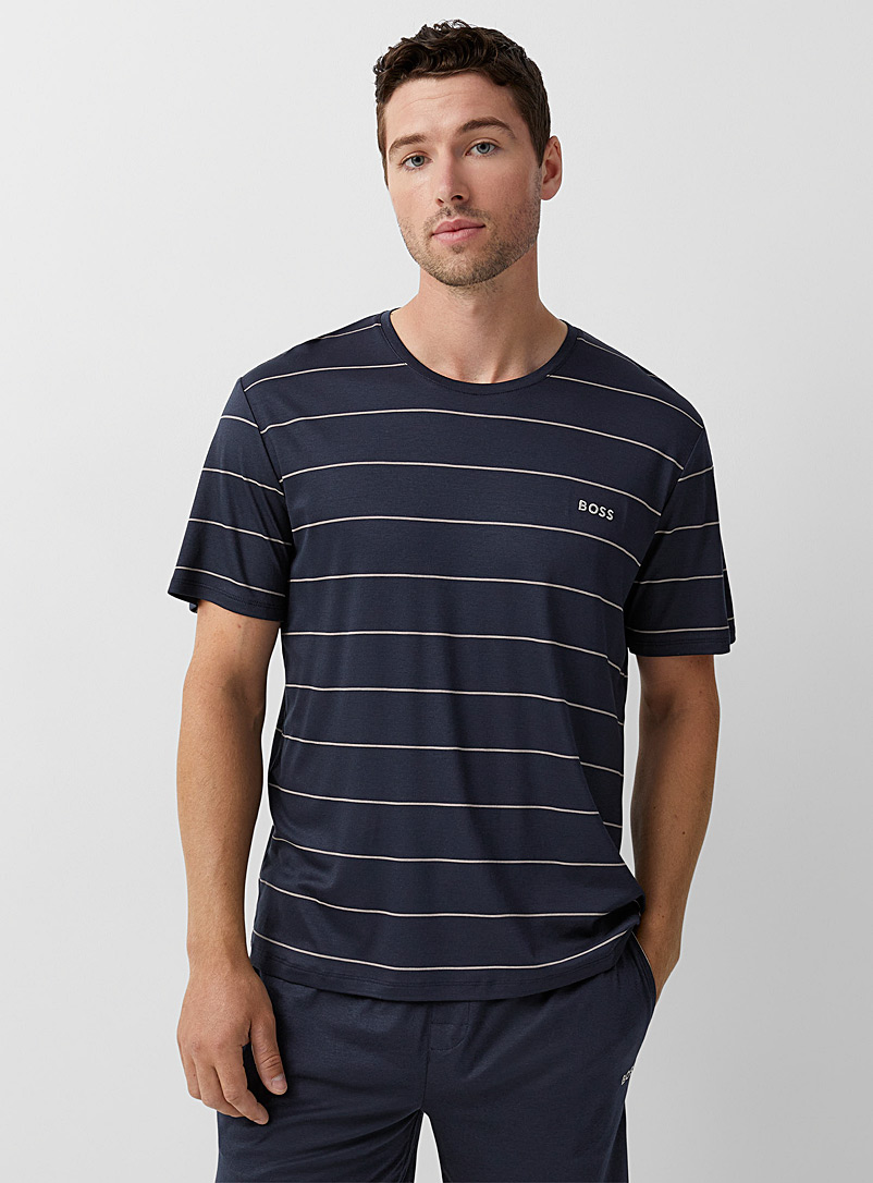 BOSS Patterned Blue Fluid striped lounge T-shirt for men