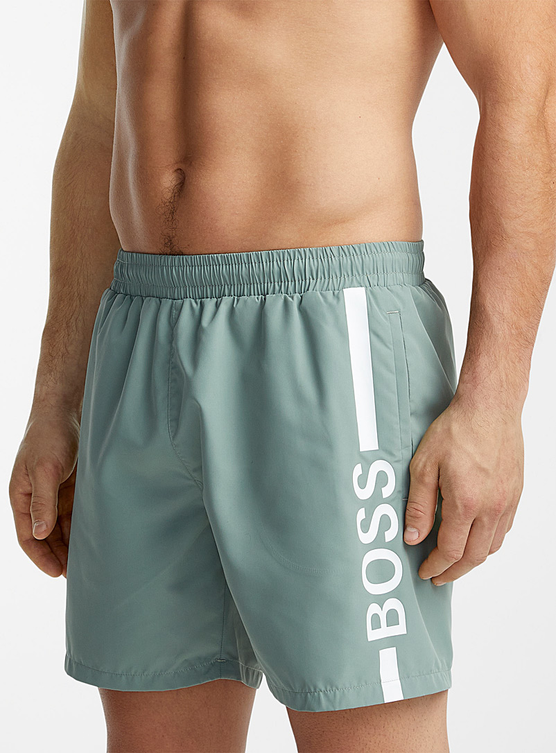 BOSS Mossy Green Sage green logo swim trunk for men