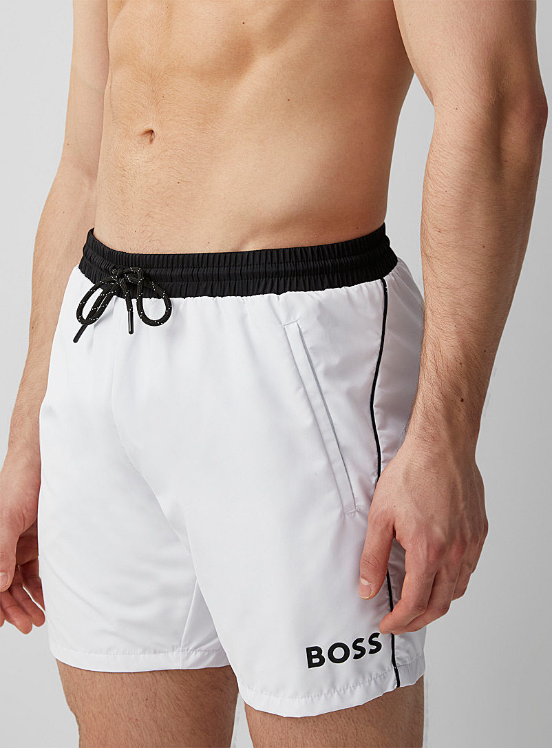 BOSS White Contrast-waist solid swim trunk for men
