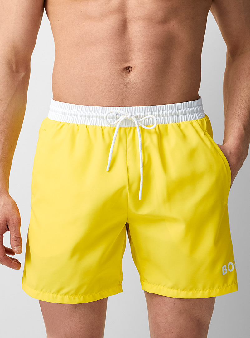 BOSS Bright Yellow Contrast-waist solid swim trunk for men