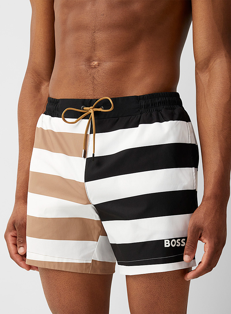 BOSS Patterned White Striped diptych swim trunk for men