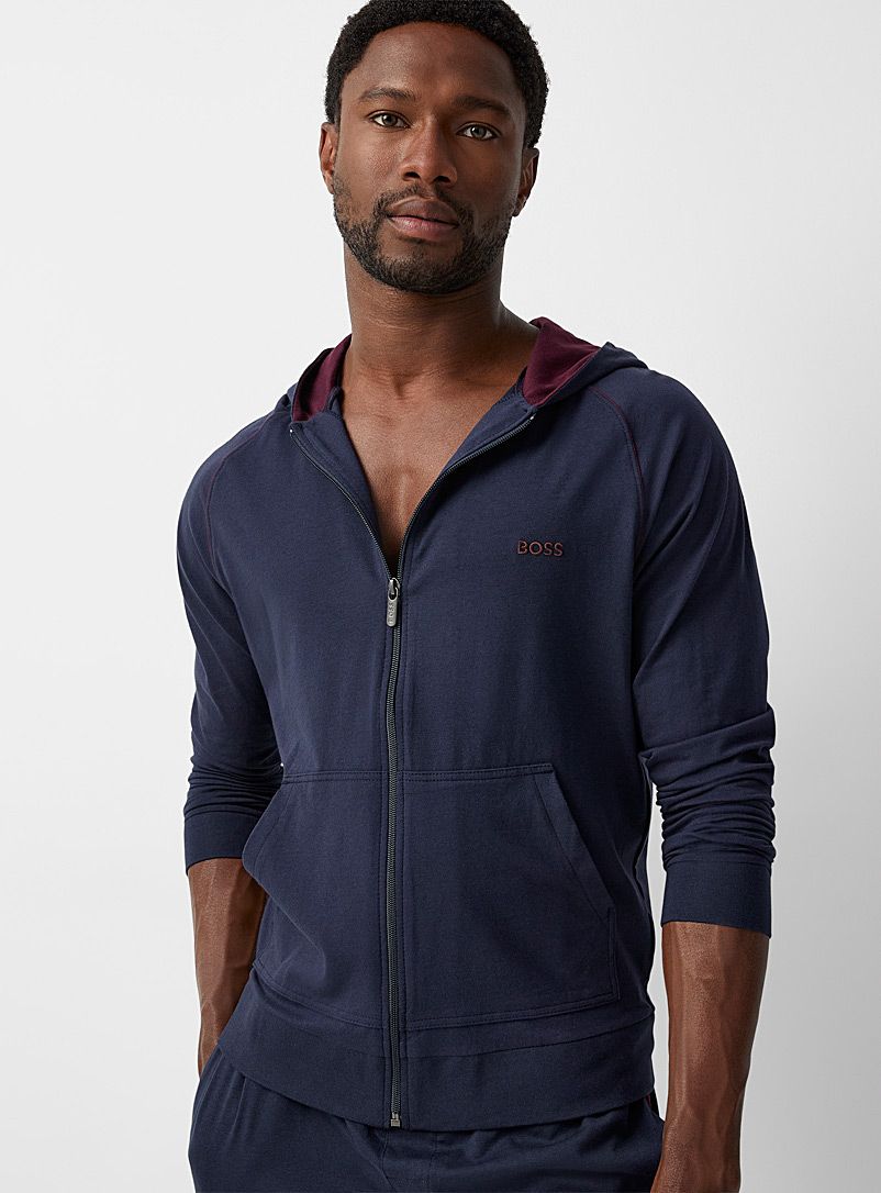 BOSS Marine Blue Burgundy accent lounge hoodie for men